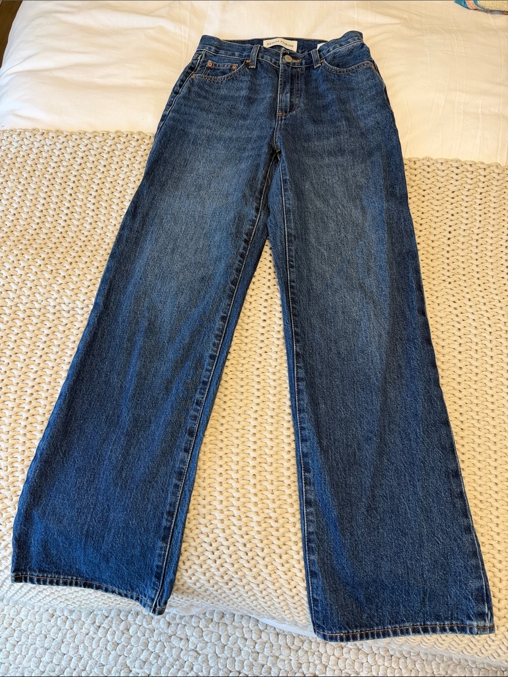 Denim Forum Women’s High-Rise Wide Straight Leg Jeans in Dark Blue - The Farrah